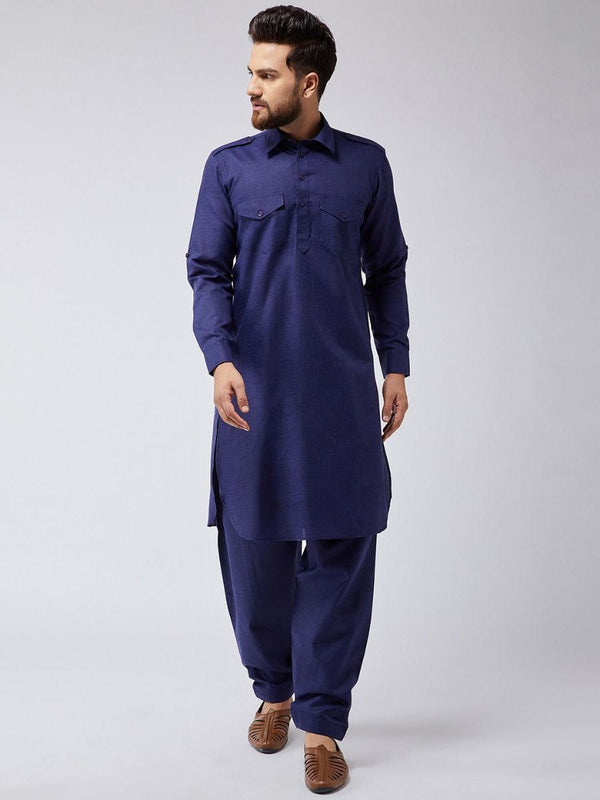 Buy Stylish Indian Kurta Of Navy Blue Colored With Bottom For Men By Kuala Collection