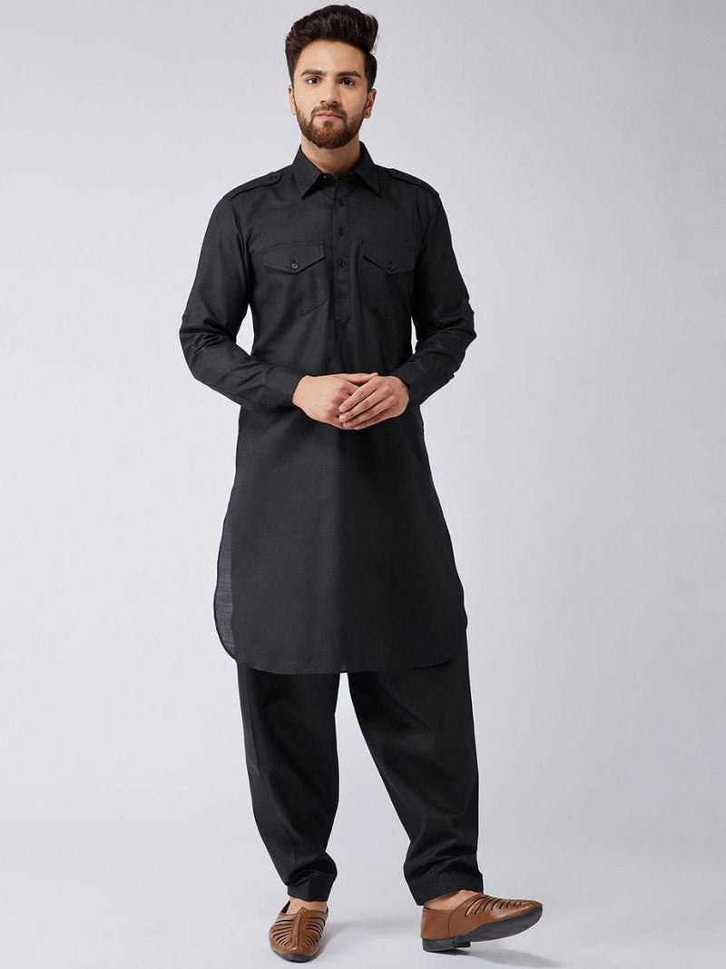 Buy Solid Mens Kurta With Bottom Of Colored Black  Colored By Kuala Collection