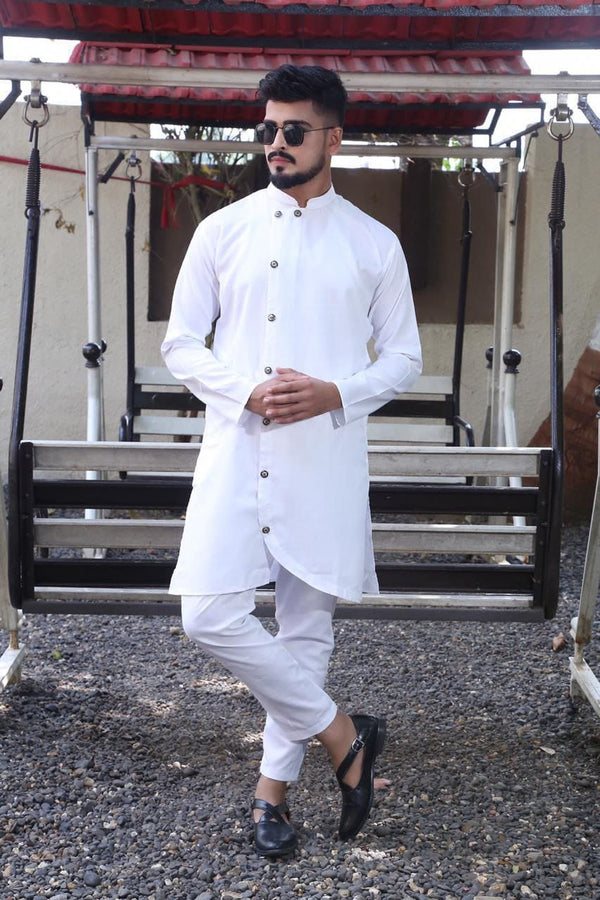 Buy White Colored Kurta Of Cross Cut Neck Mens Wear Kurta