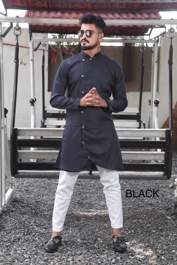 Mens Wear Pure Cotton Kurta Of Dark Grey Colored With Pant