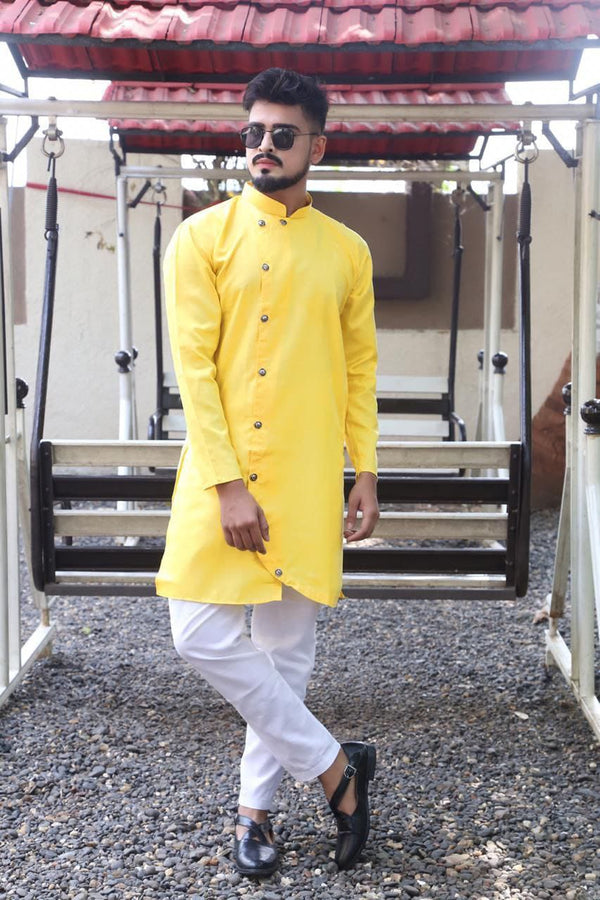 Stylish Yellow Colored Mens Kurta Of Pure Cotton By Kuala Collection