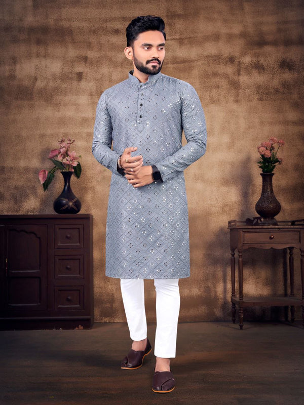 Grey Colored Mens Kurta Of Embroidered Mirror Work