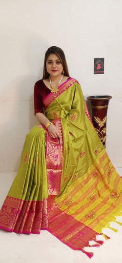 Attractive Lime Colored Saree Of Pure Mercerised Cotton Silk