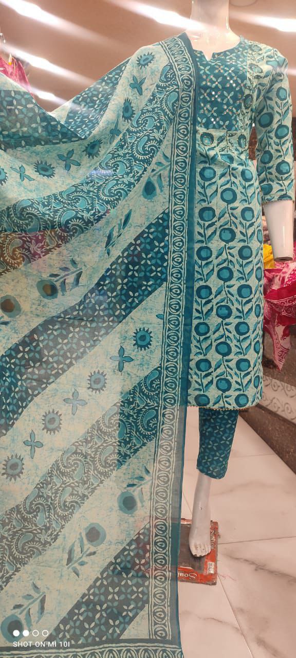 Mesmerising Turquoise Colored Straight Kurti With Pant And Dupatta With Hand Work