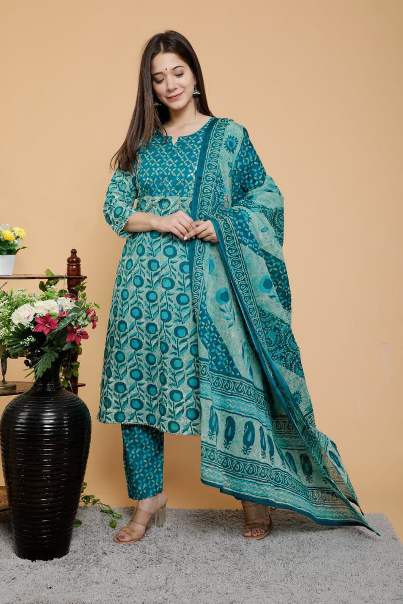 Mesmerising Turquoise Colored Straight Kurti With Pant And Dupatta With Hand Work