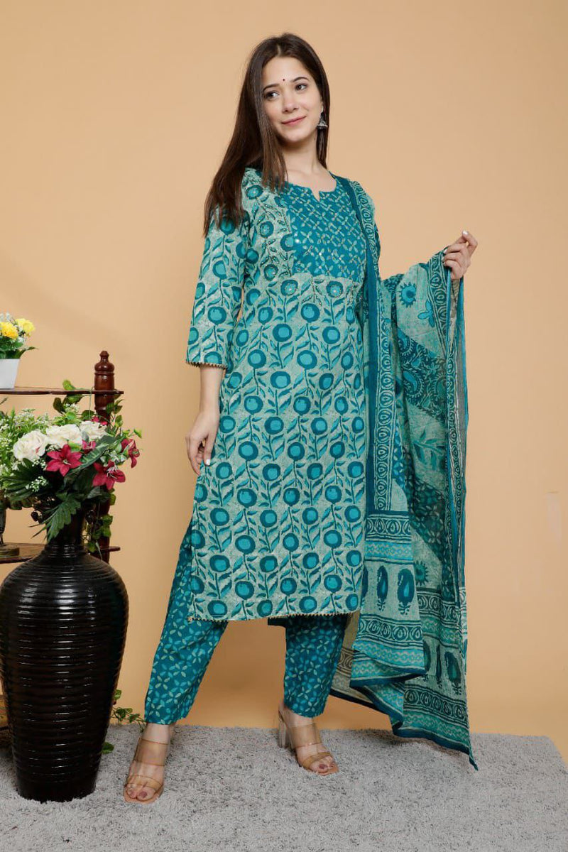 Mesmerising Turquoise Colored Straight Kurti With Pant And Dupatta With Hand Work