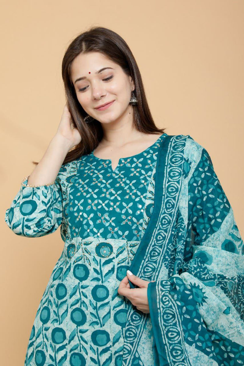 Mesmerising Turquoise Colored Straight Kurti With Pant And Dupatta With Hand Work