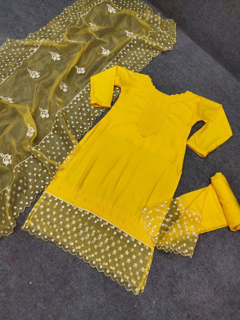 Fantastic Sun Yellow Colored Suit With Embroidery Work