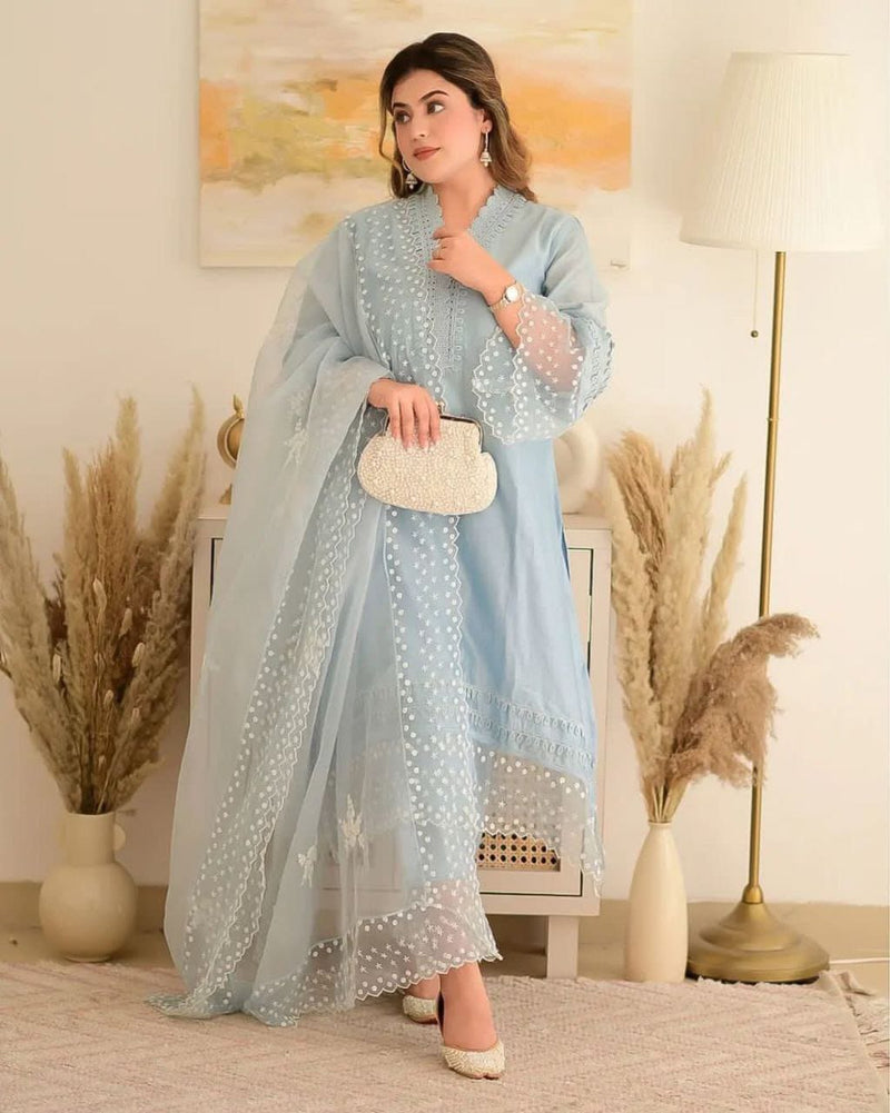 Lovely Baby Blue Colored Straight Cut Kurti With Embroidery Work