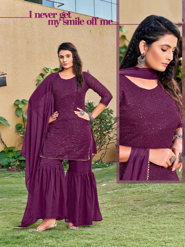 Attractive Wine Colored Faux Georgette Sharara Kurti