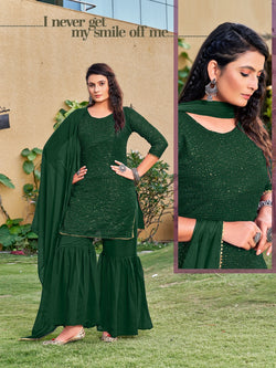 Green Colored Kurti With Pure Nazmin Dupatta And Faux Georgette