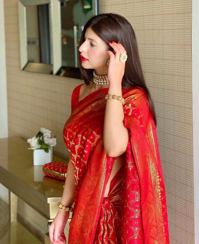 Presenting Red Colored Enchanting Yet Breathable Organic Banarasi Sarees For Intimate And Big Fat Indian Weddings, That Are Light On Your Skin And Uplift Your Wedding Shenanigans!