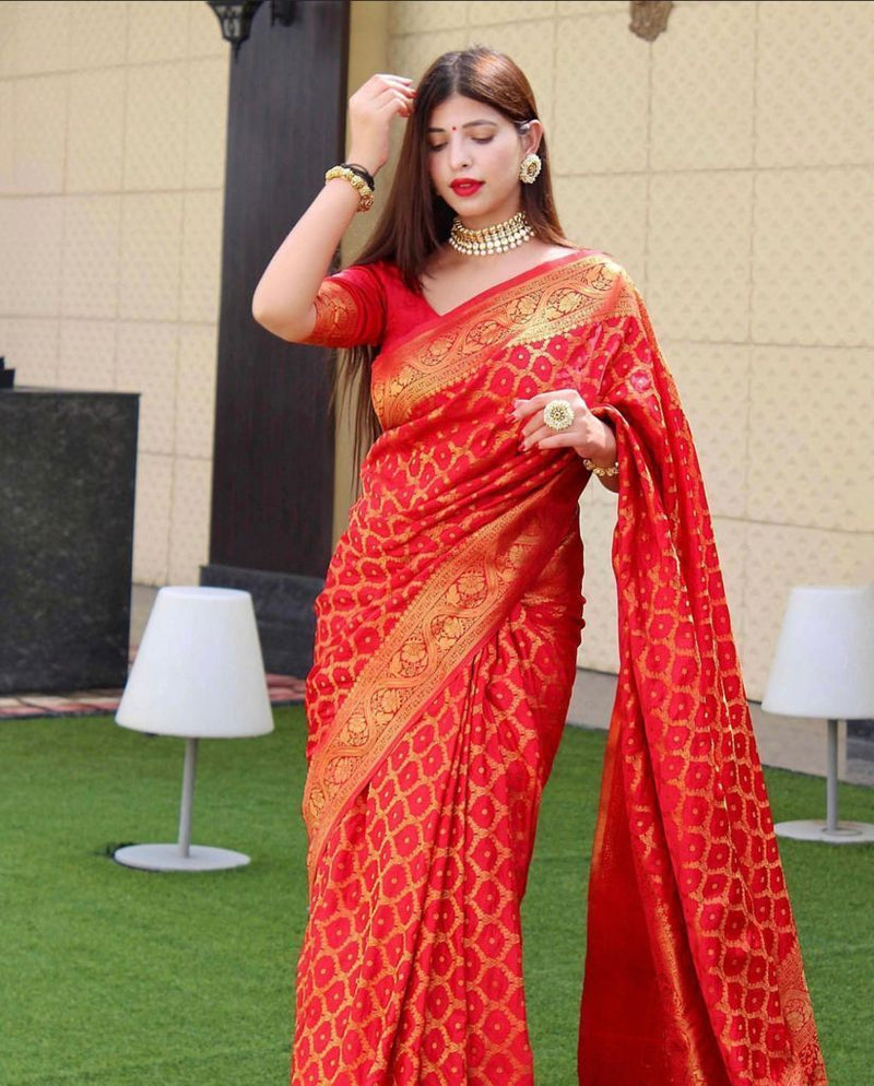 Presenting Red Colored Enchanting Yet Breathable Organic Banarasi Sarees For Intimate And Big Fat Indian Weddings, That Are Light On Your Skin And Uplift Your Wedding Shenanigans!