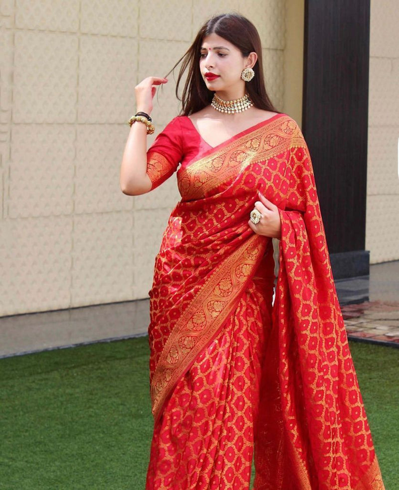 Presenting Red Colored Enchanting Yet Breathable Organic Banarasi Sarees For Intimate And Big Fat Indian Weddings, That Are Light On Your Skin And Uplift Your Wedding Shenanigans!