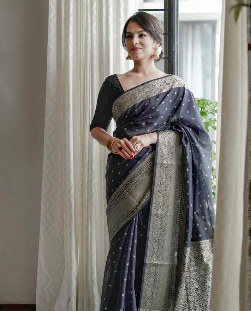 BEAUTIFUL BLACK COLORED RICH PALLU & JACQUARD WORK ON ALL OVER THE SAREE.