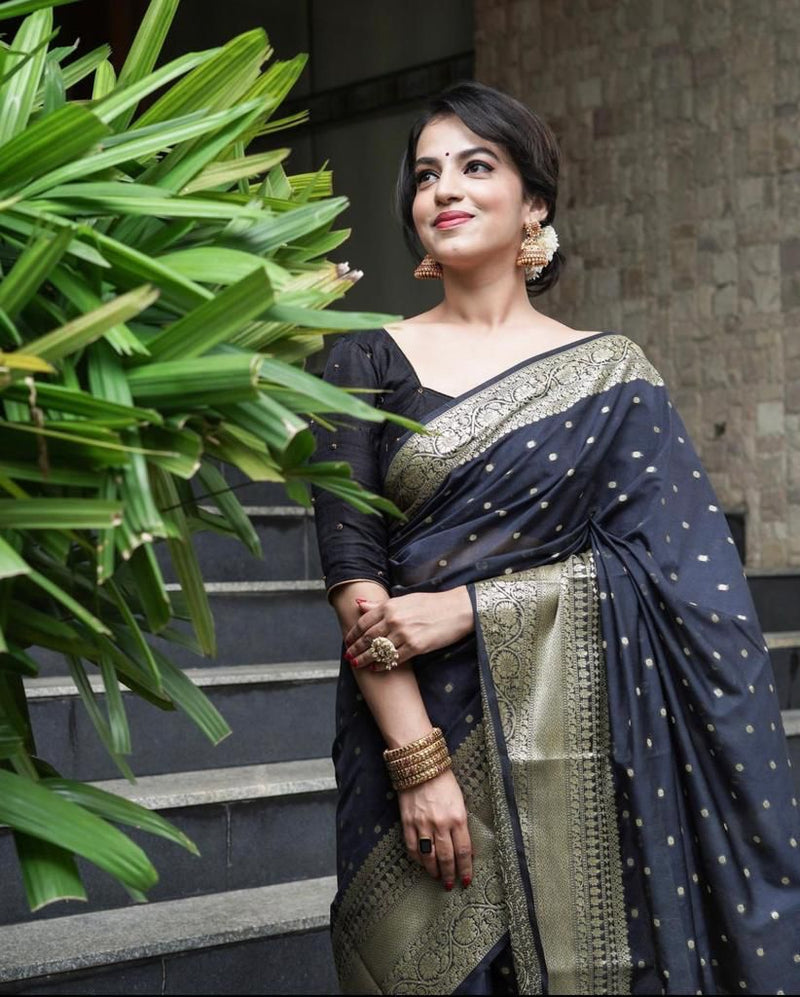 BEAUTIFUL BLACK COLORED RICH PALLU & JACQUARD WORK ON ALL OVER THE SAREE.