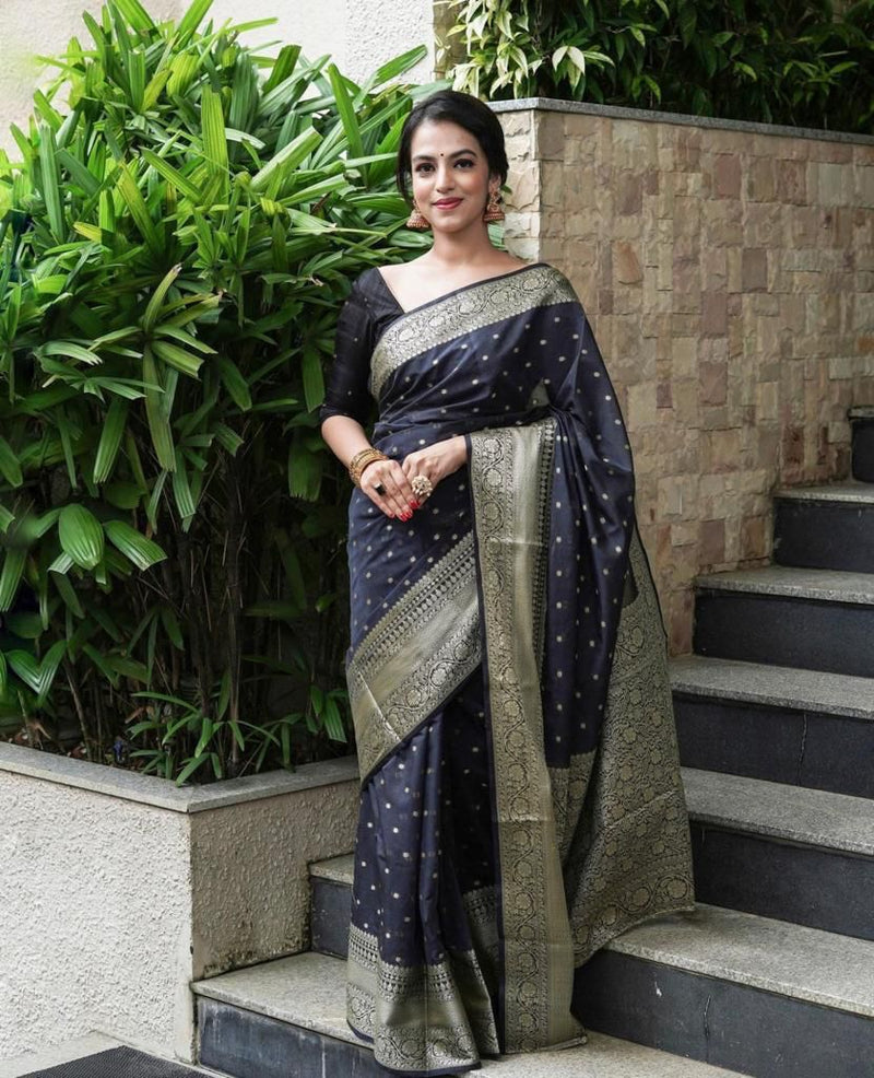 BEAUTIFUL BLACK COLORED RICH PALLU & JACQUARD WORK ON ALL OVER THE SAREE.