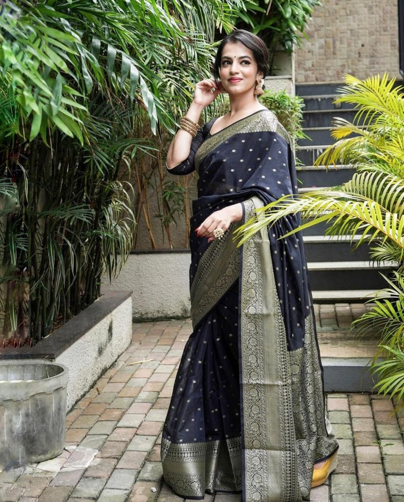 BEAUTIFUL BLACK COLORED RICH PALLU & JACQUARD WORK ON ALL OVER THE SAREE.