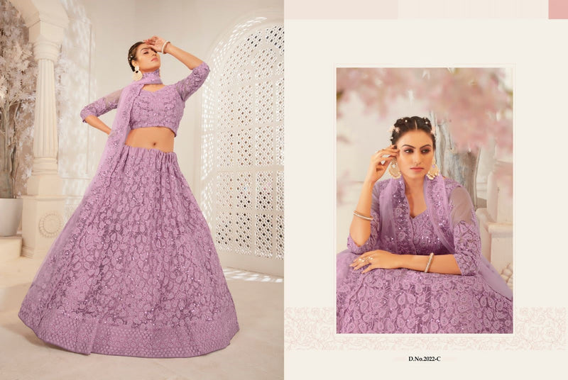 Light Violet  Colored Bridal Wear Of Net With Silk Satin And Embroidery Work