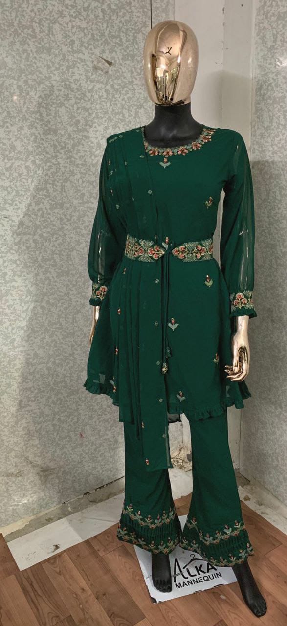 Enchanting Forest Green Top Plazzo And Dupatta With Embroidery Work