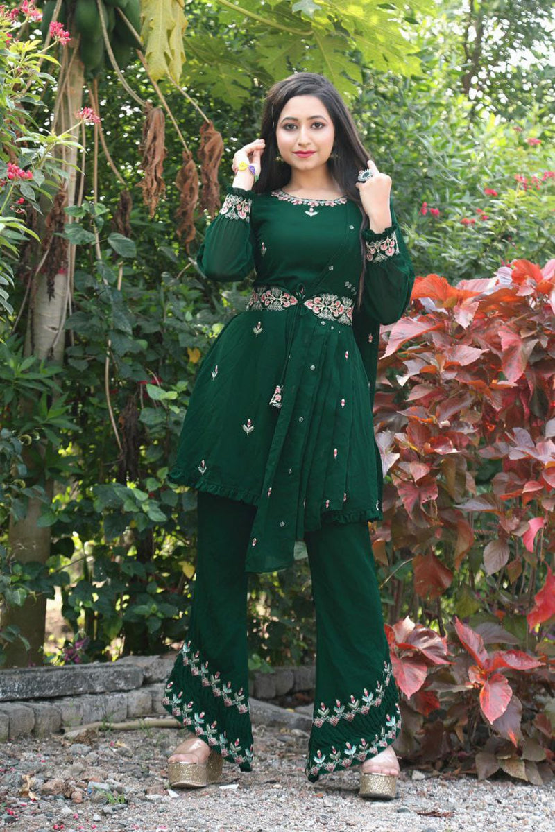 Enchanting Forest Green Top Plazzo And Dupatta With Embroidery Work