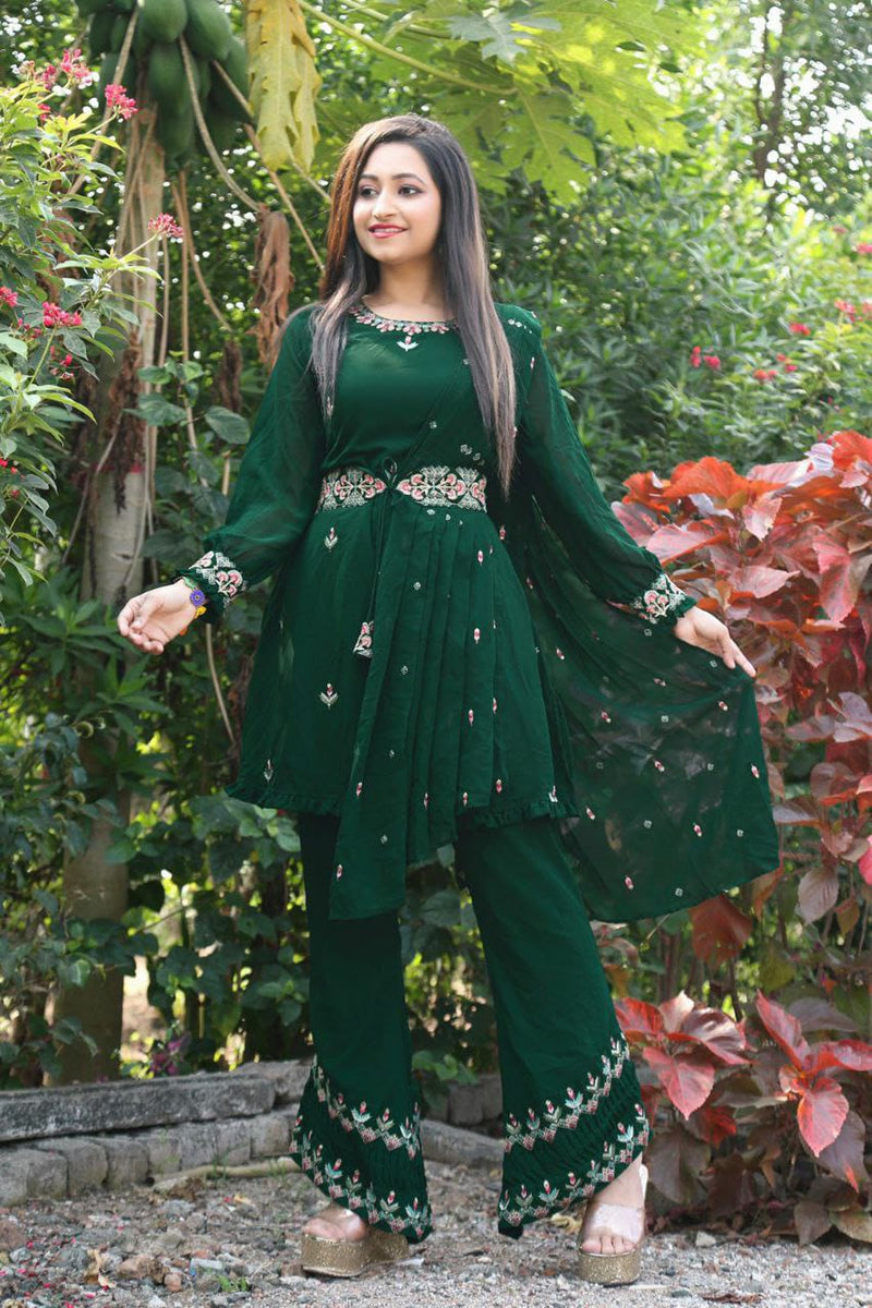 Enchanting Forest Green Top Plazzo And Dupatta With Embroidery Work