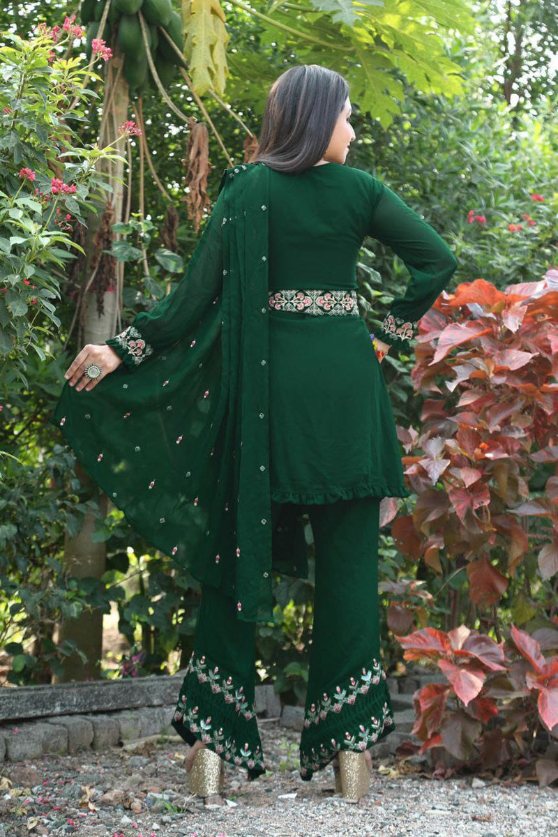 Enchanting Forest Green Top Plazzo And Dupatta With Embroidery Work