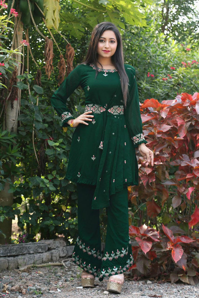 Enchanting Forest Green Top Plazzo And Dupatta With Embroidery Work