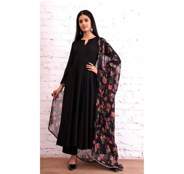 Enchanting Black Colored Goun With Bottom And Printed Dupatta