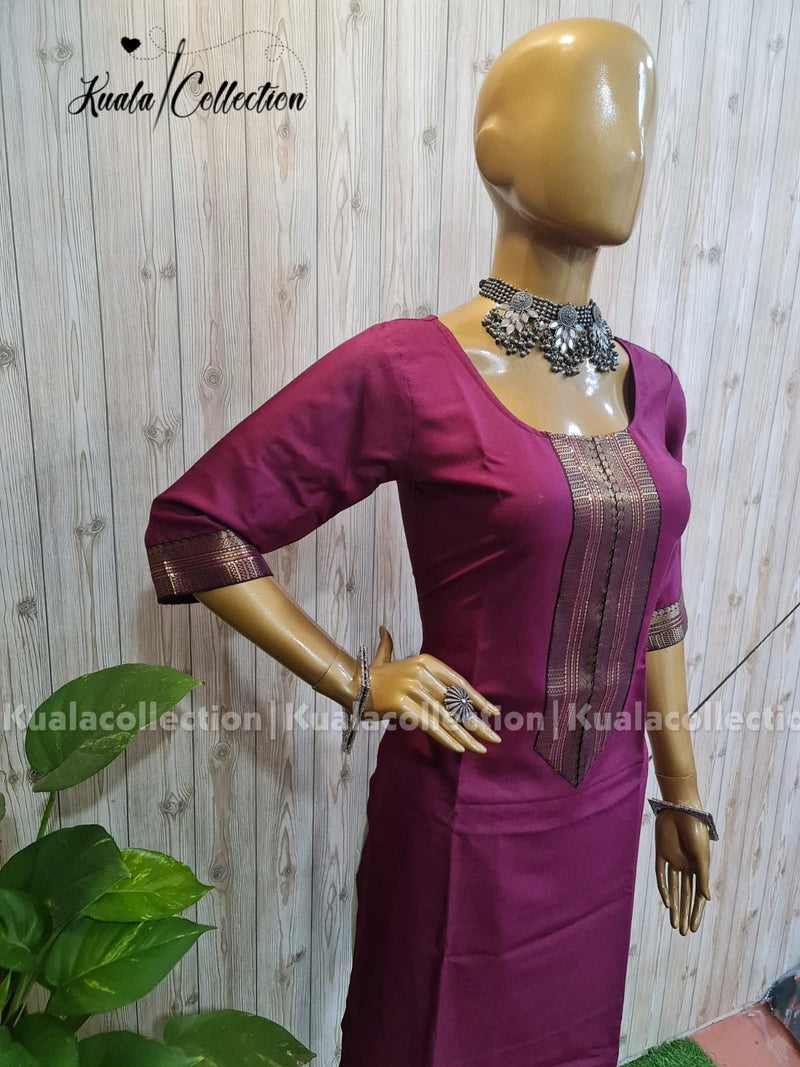 Trendy Wine Coloured Straight Cut Kurti With Jacquard Sequence Lace border