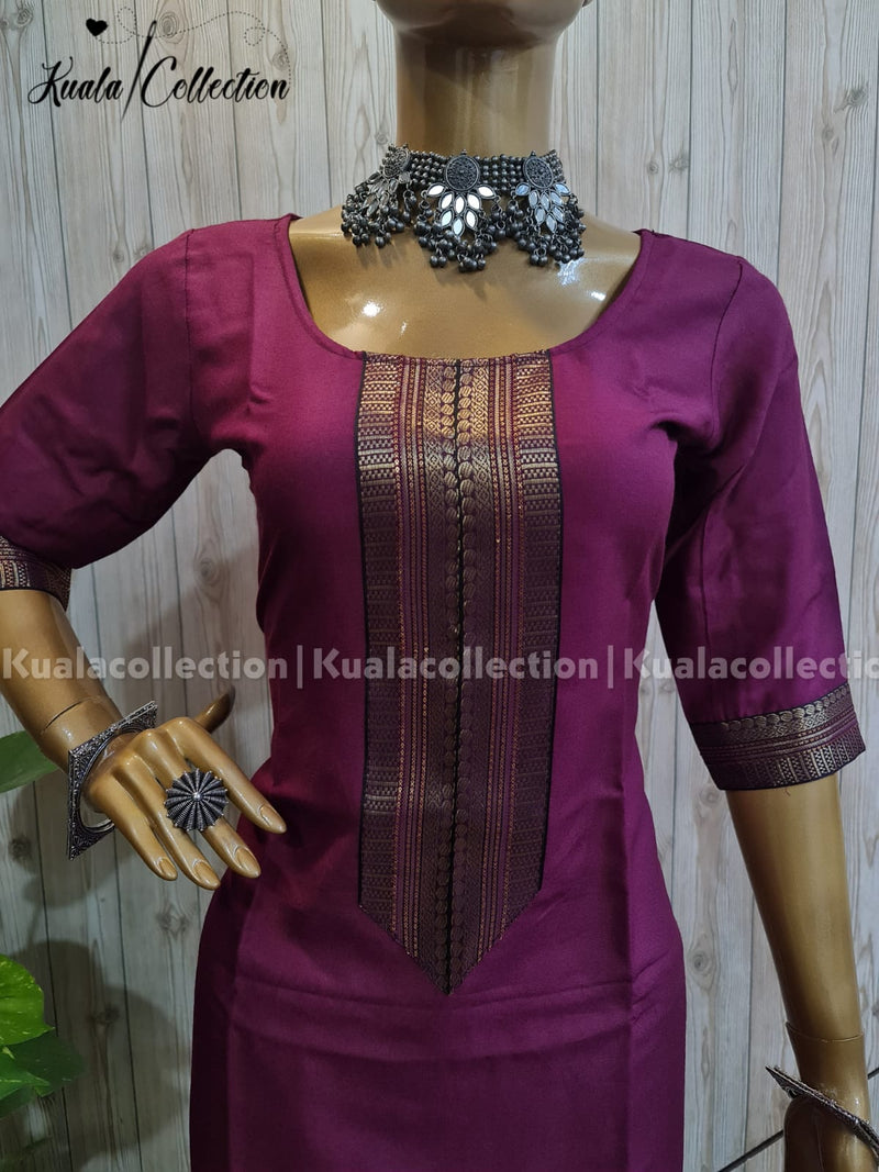 Trendy Wine Coloured Straight Cut Kurti With Jacquard Sequence Lace border