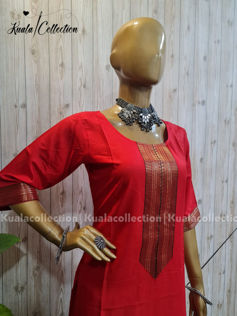 Lovely Red Colored Straight Cut Kurti With Jacquard Sequence Lace border