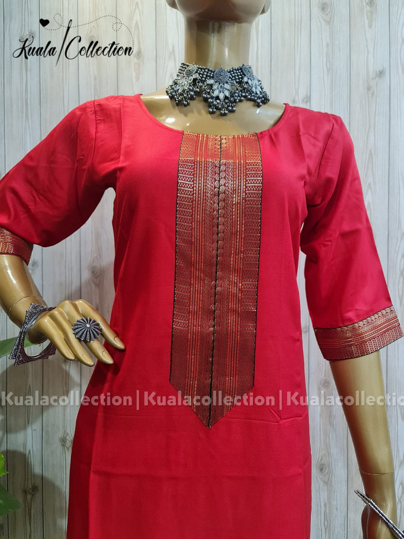 Lovely Red Colored Straight Cut Kurti With Jacquard Sequence Lace border