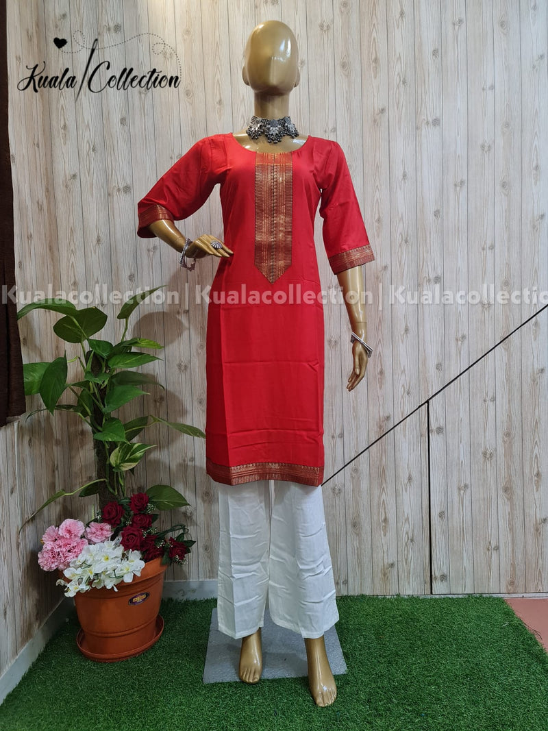 Lovely Red Colored Straight Cut Kurti With Jacquard Sequence Lace border