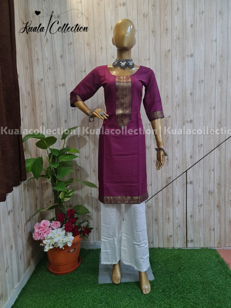 Trendy Wine Coloured Straight Cut Kurti With Jacquard Sequence Lace border