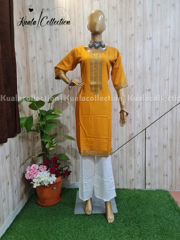 Mustard Yellow Coloured Straight Cut Kurti With Jacquard Sequence Lace border