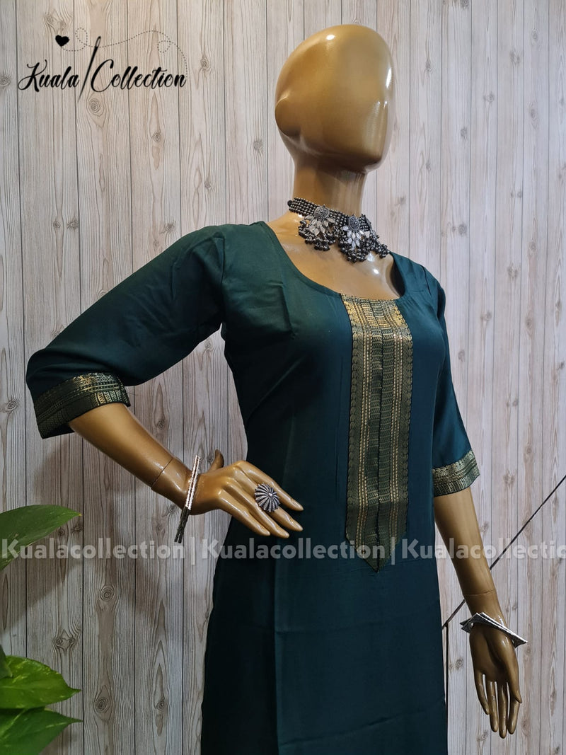 Sizzling Turquoise  Coloured Straight Cut Kurti With Jacquard Sequence Lace border