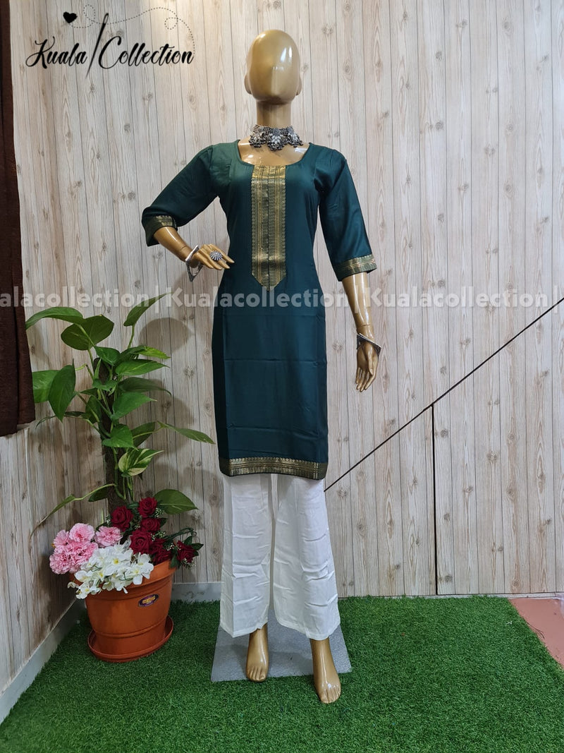 Sizzling Turquoise  Coloured Straight Cut Kurti With Jacquard Sequence Lace border