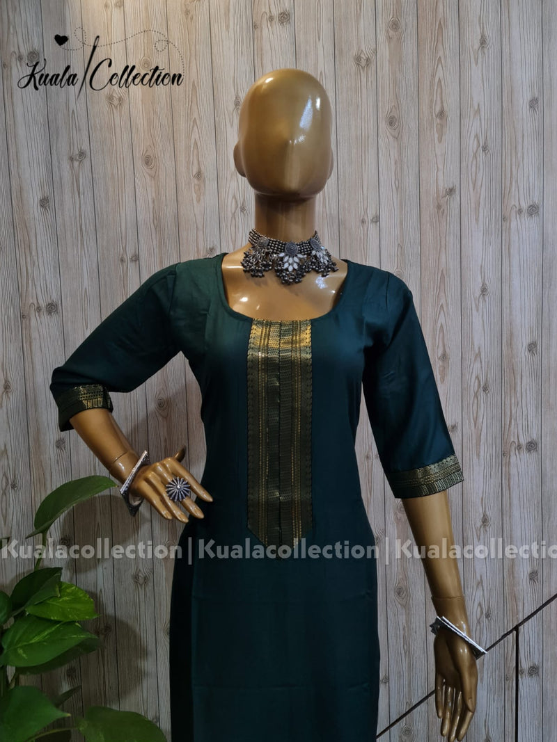 Sizzling Turquoise  Coloured Straight Cut Kurti With Jacquard Sequence Lace border