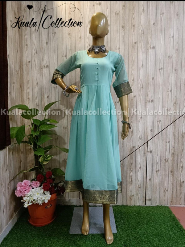 Baby Blue Colored Jacquard Border Georgette Anarkali Gown By Kuala Collection