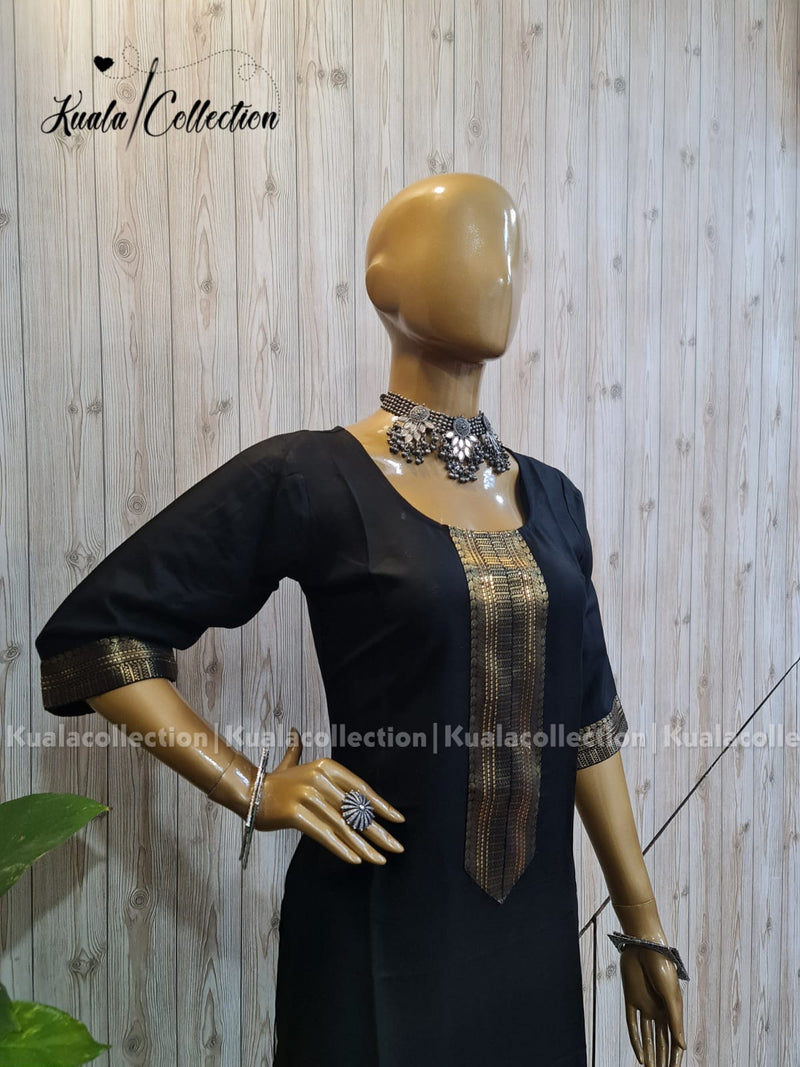 Stunning Black Coloured Straight Cut Kurti With Jacquard Sequence Lace border