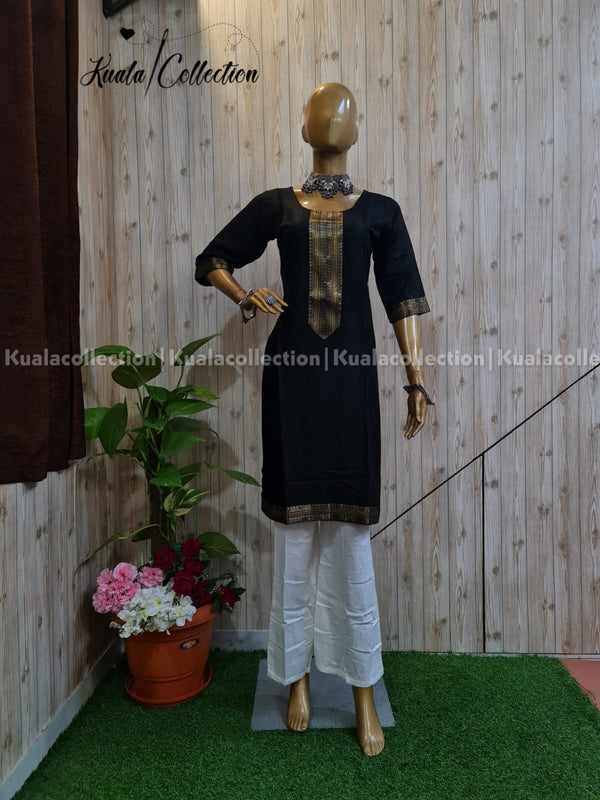 Stunning Black Coloured Straight Cut Kurti With Jacquard Sequence Lace border