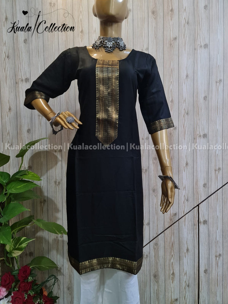 Stunning Black Coloured Straight Cut Kurti With Jacquard Sequence Lace border