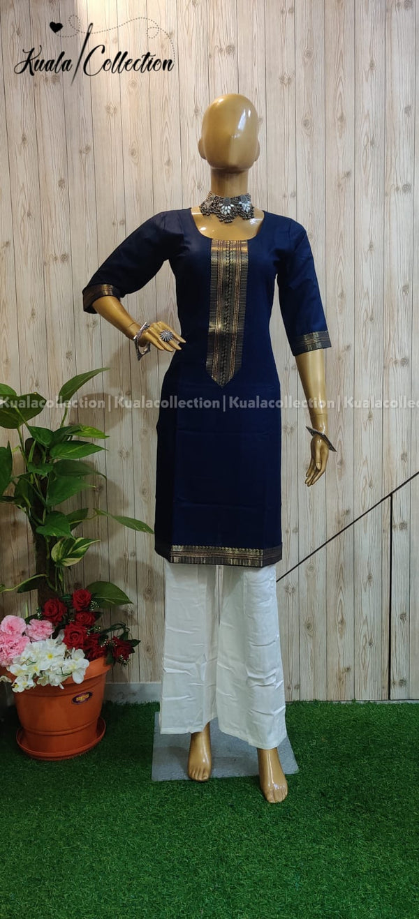 Mesmerizing Navy Blue Coloured Straight Cut Kurti With Jacquard Sequence Lace border