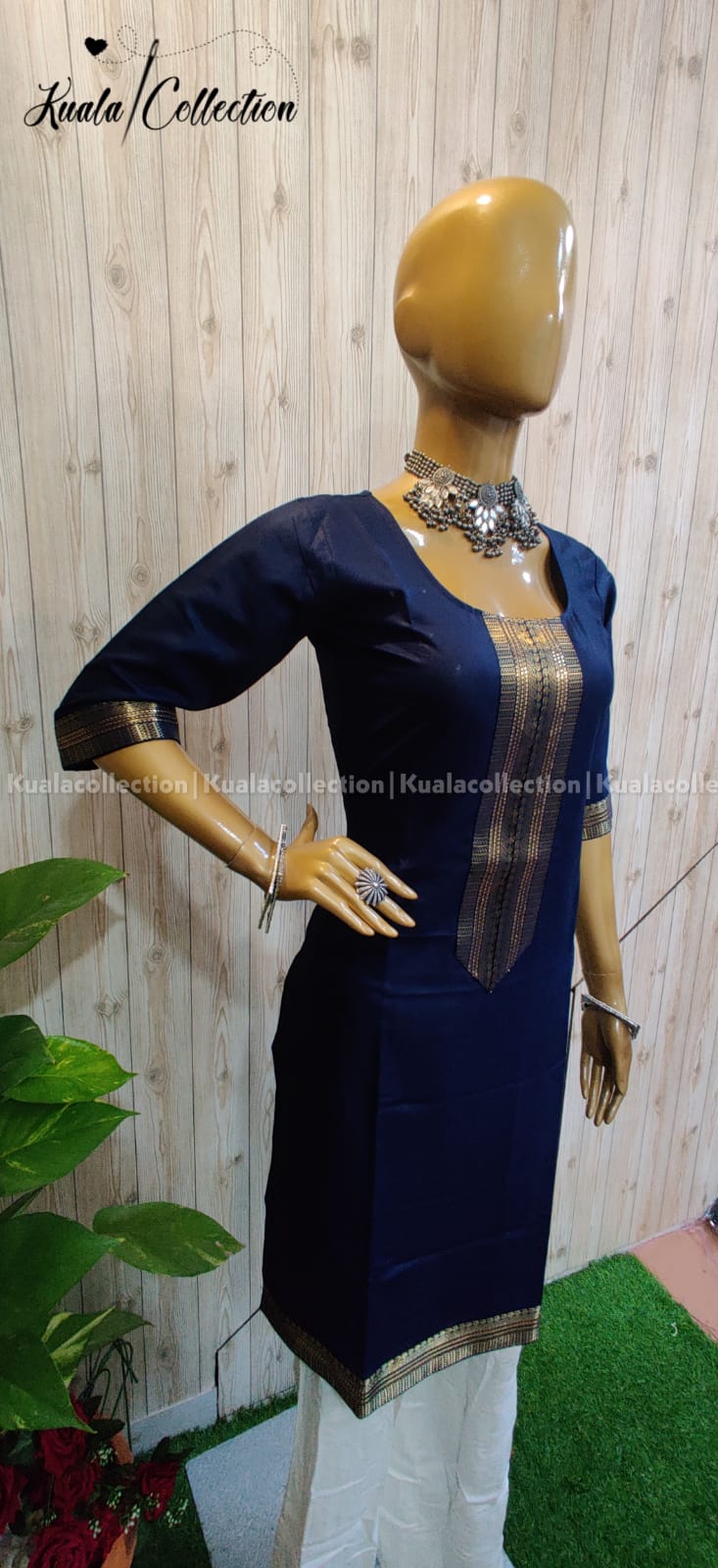 Mesmerizing Navy Blue Coloured Straight Cut Kurti With Jacquard Sequence Lace border