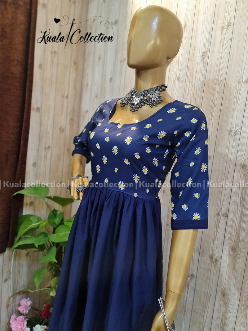 Charming Navy Blue Colored Sunflower Print Anarkali Gown