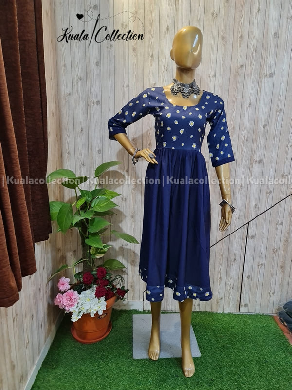 Charming Navy Blue Colored Sunflower Print Anarkali Gown