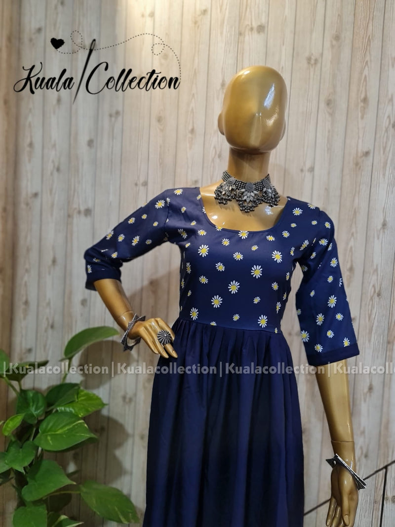 Charming Navy Blue Colored Sunflower Print Anarkali Gown