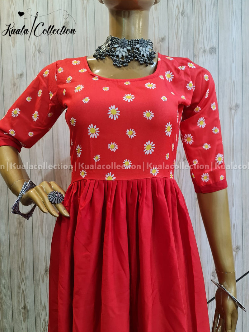 Entrancing Red Colored Sunflower Print Anarkali Gown