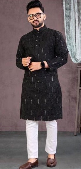 Blooming Black Soft Cotton Kurta Pyjama